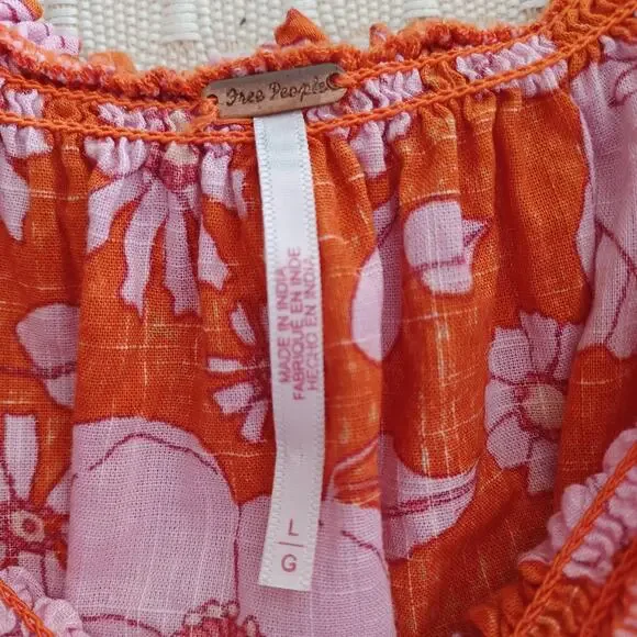 Free People Orange Pink Floral Off Shoulder Peasant Top L EC - Picture 5 of 10
